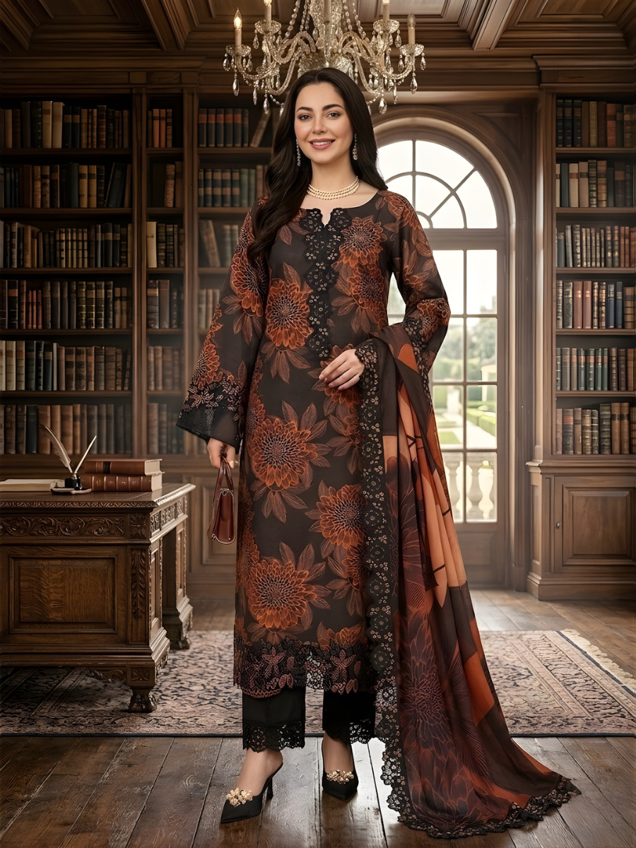 Ramsha Lawn Stuff 3pc (Dark Brown)