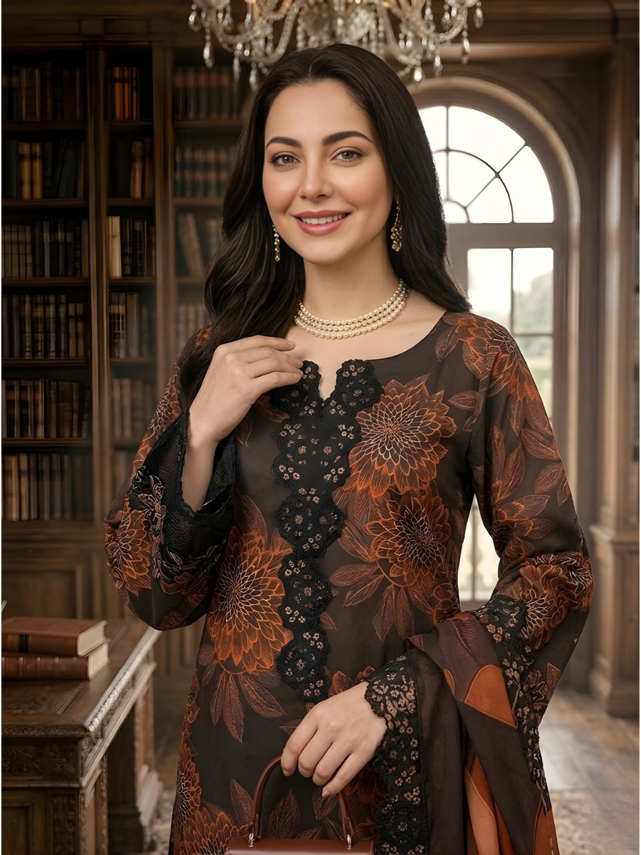 Ramsha Lawn Stuff 3pc (Dark Brown)