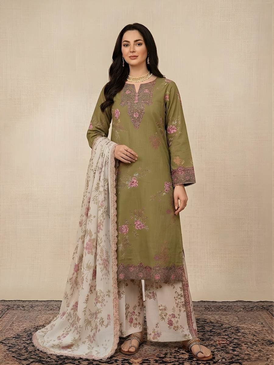 Iznik 4 Side Lace Ready to Wear 3pc (Olive, Teal)