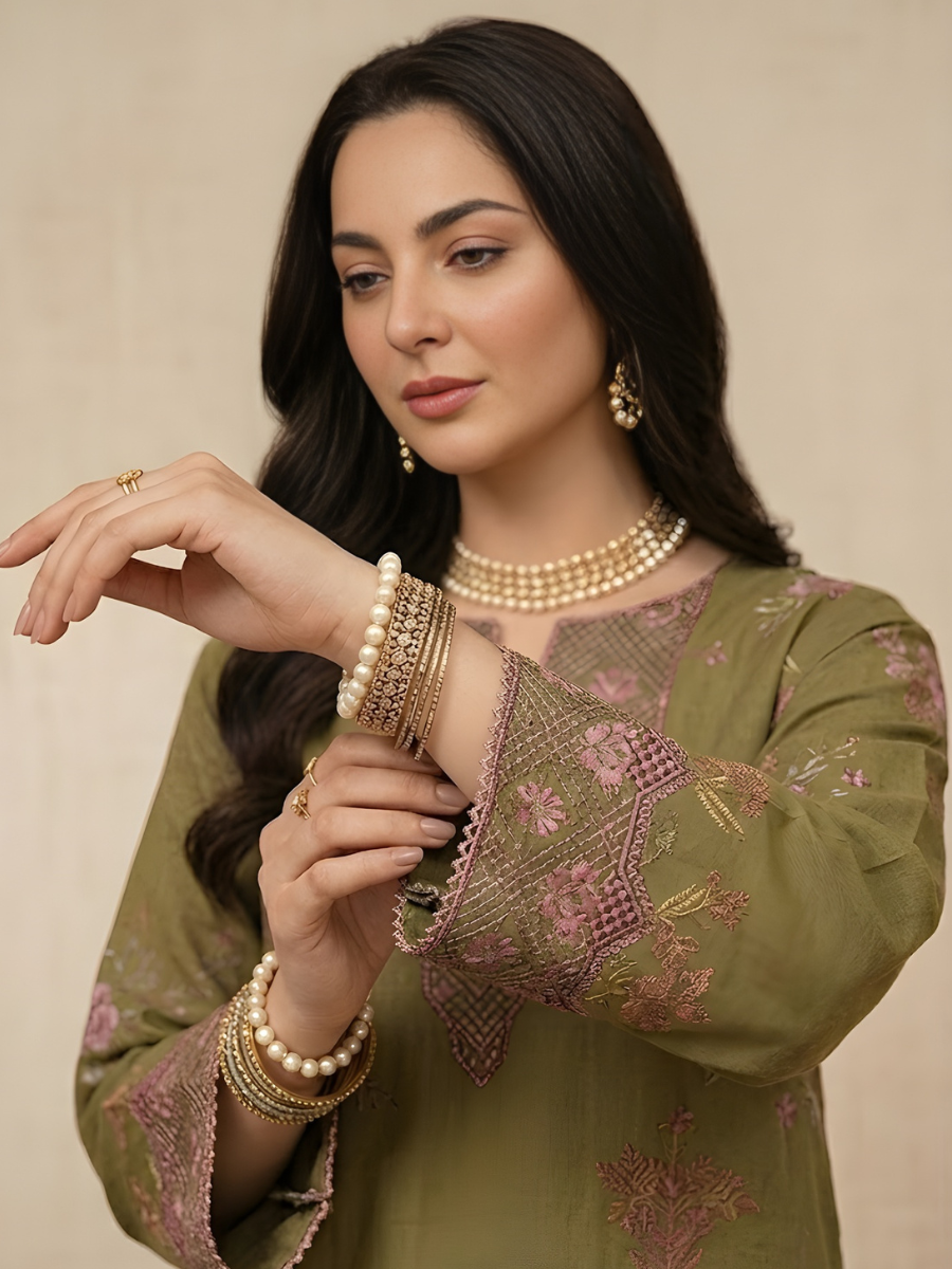 Iznik 4 Side Lace Ready to Wear 3pc (Olive, Teal)