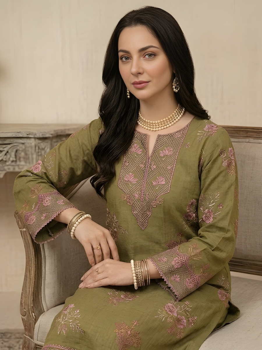 Iznik 4 Side Lace Ready to Wear 3pc (Olive, Teal)