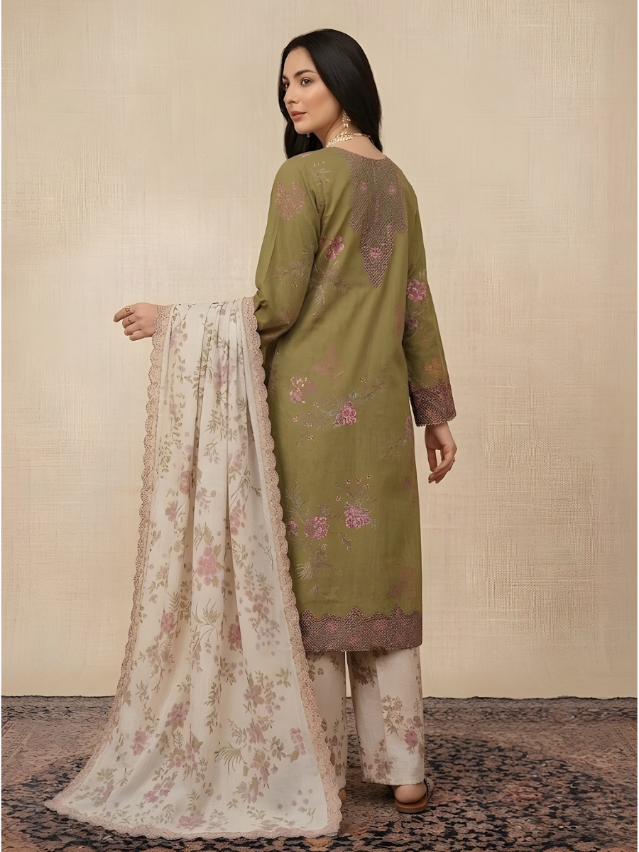 Iznik 4 Side Lace Ready to Wear 3pc (Olive, Teal)