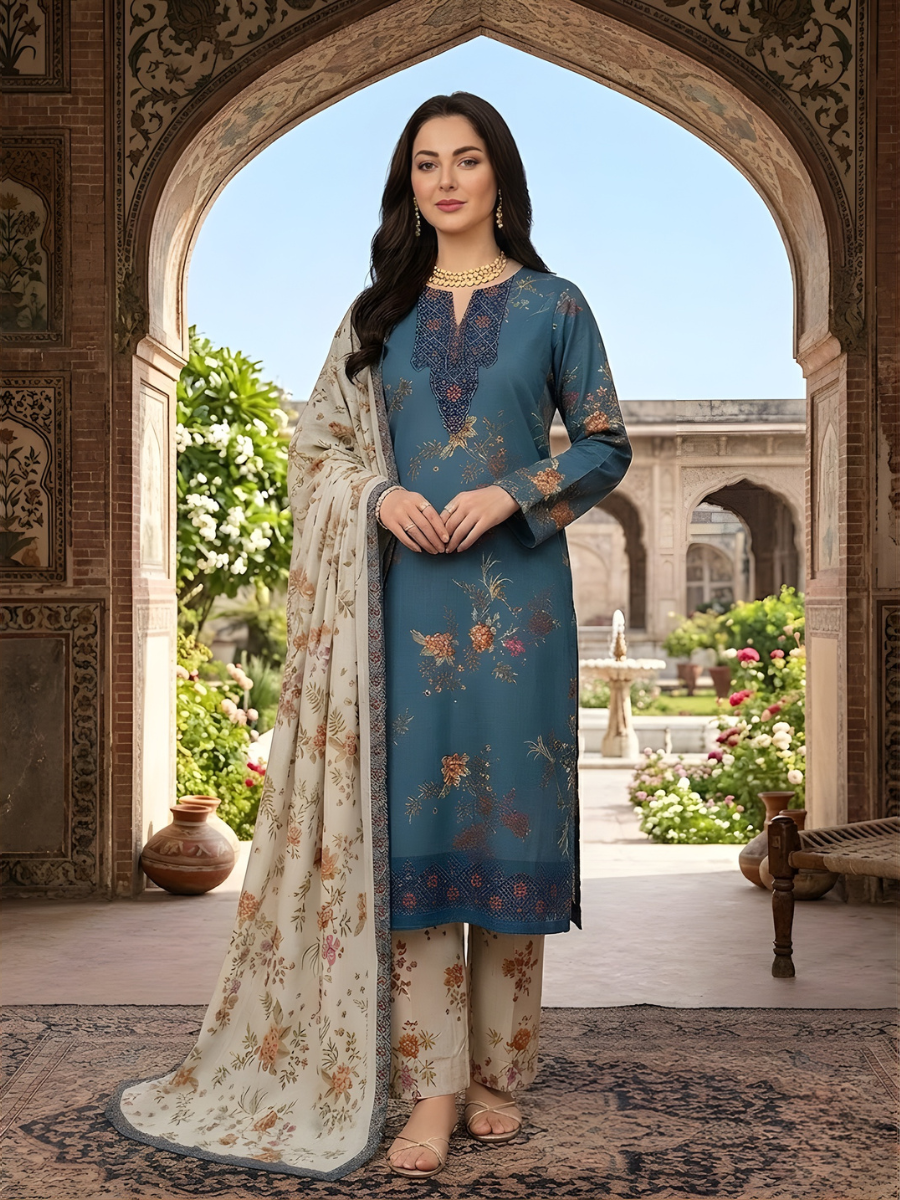 Iznik 4 Side Lace Ready to Wear 3pc (Olive, Teal)