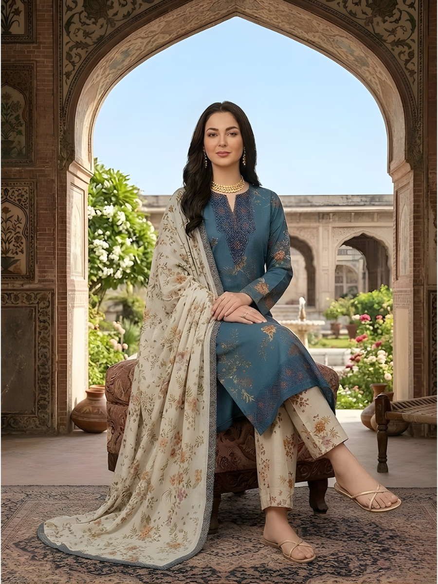 Iznik 4 Side Lace Ready to Wear 3pc (Olive, Teal)