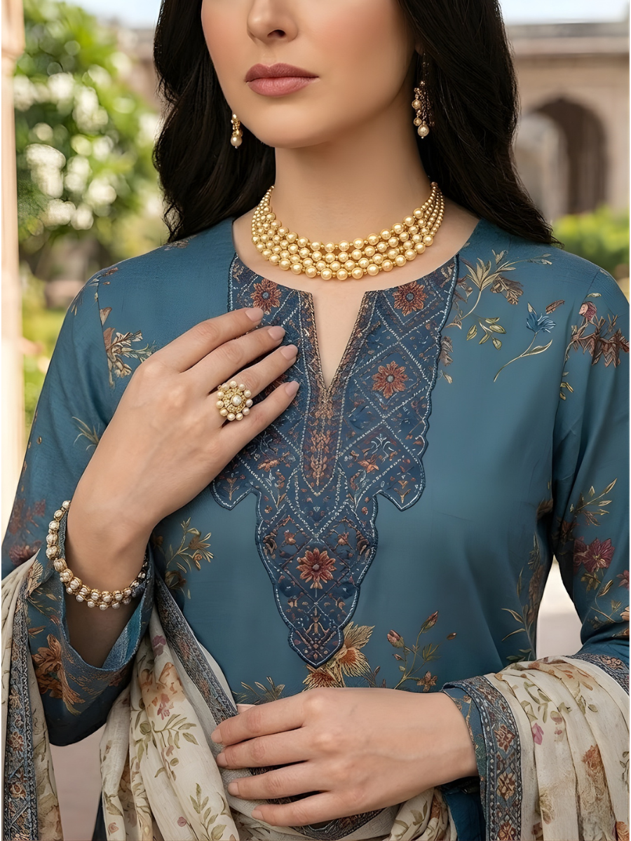 Iznik 4 Side Lace Ready to Wear 3pc (Olive, Teal)