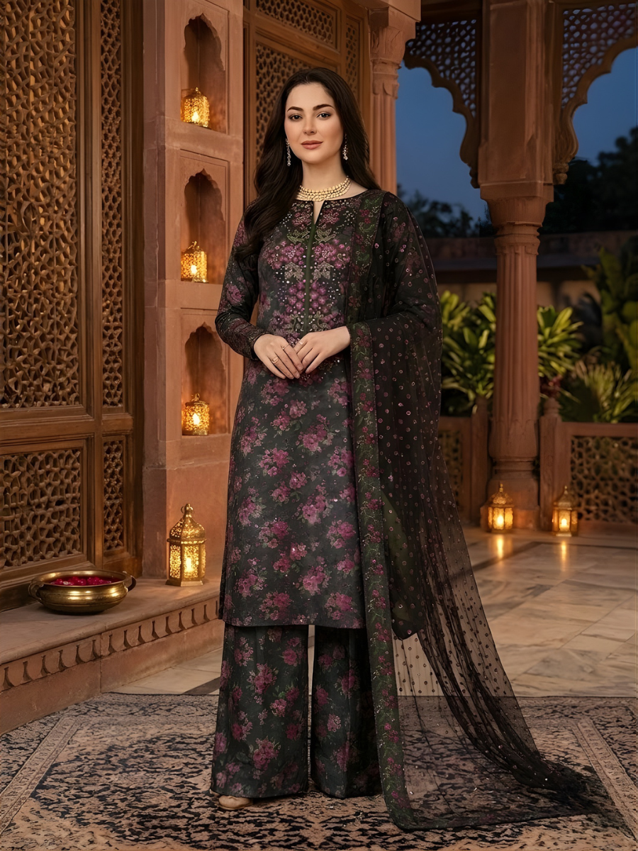 Iznik 4 Side Lace Ready to Wear 3pc (Dark Purple)