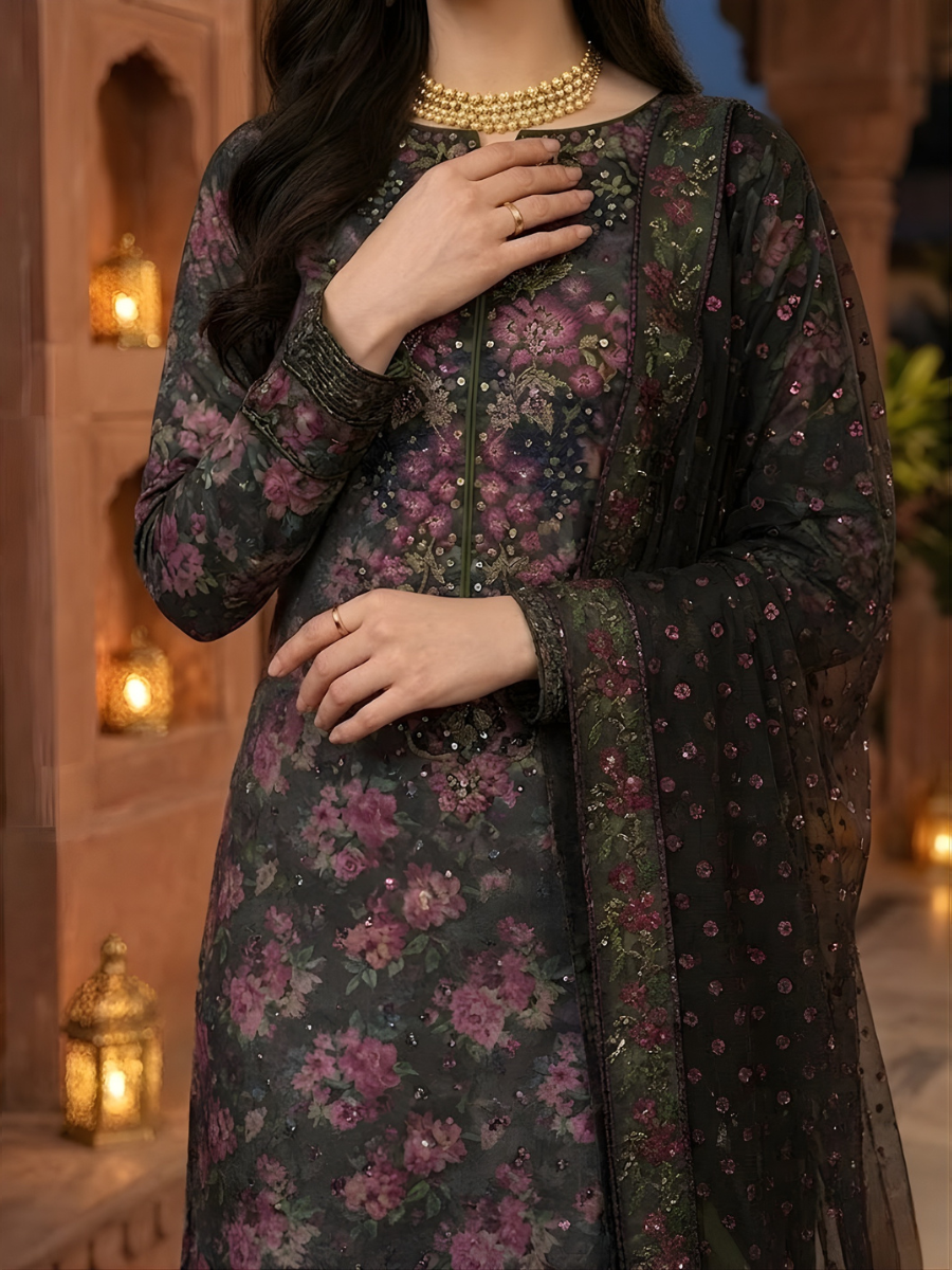 Iznik 4 Side Lace Ready to Wear 3pc (Dark Purple)