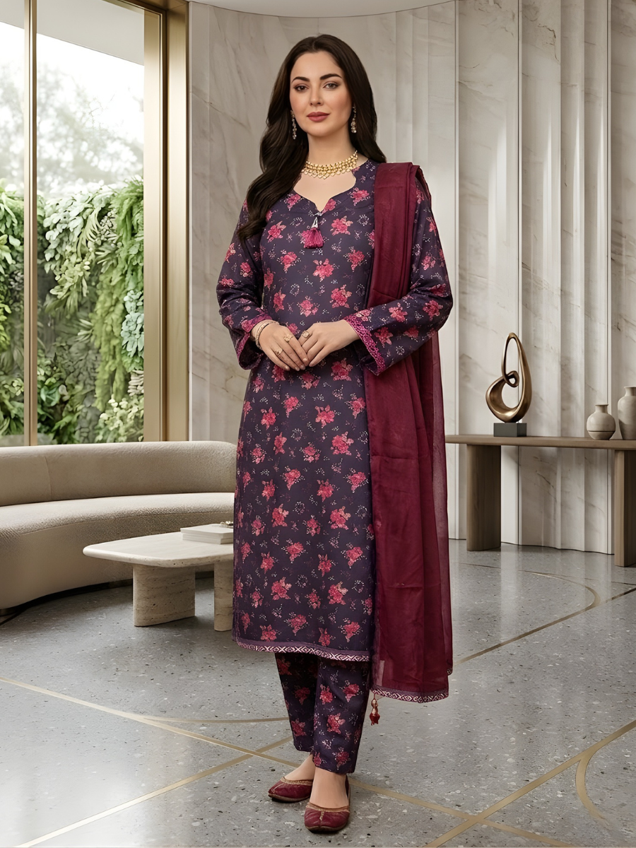 Printed Lawn with Embroidered Lacework (Purple)