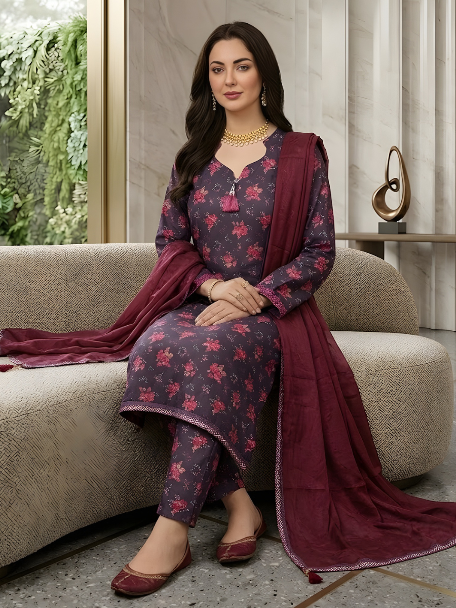 Printed Lawn with Embroidered Lacework (Purple)