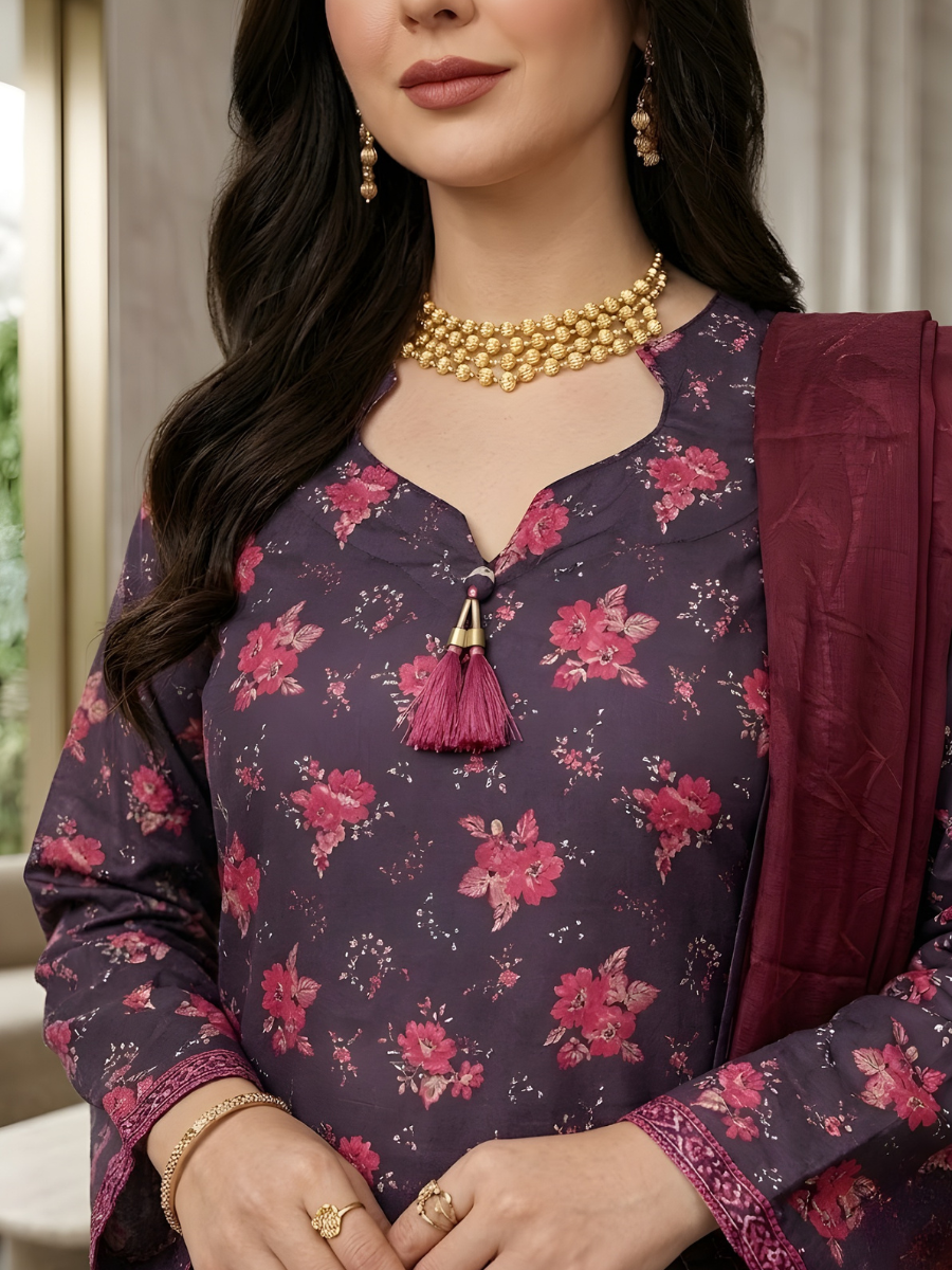 Printed Lawn with Embroidered Lacework (Purple)