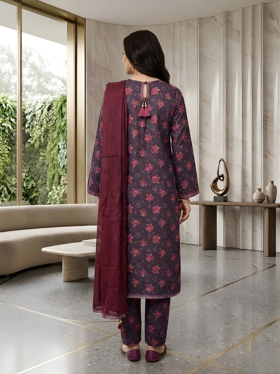 Printed Lawn with Embroidered Lacework (Purple)