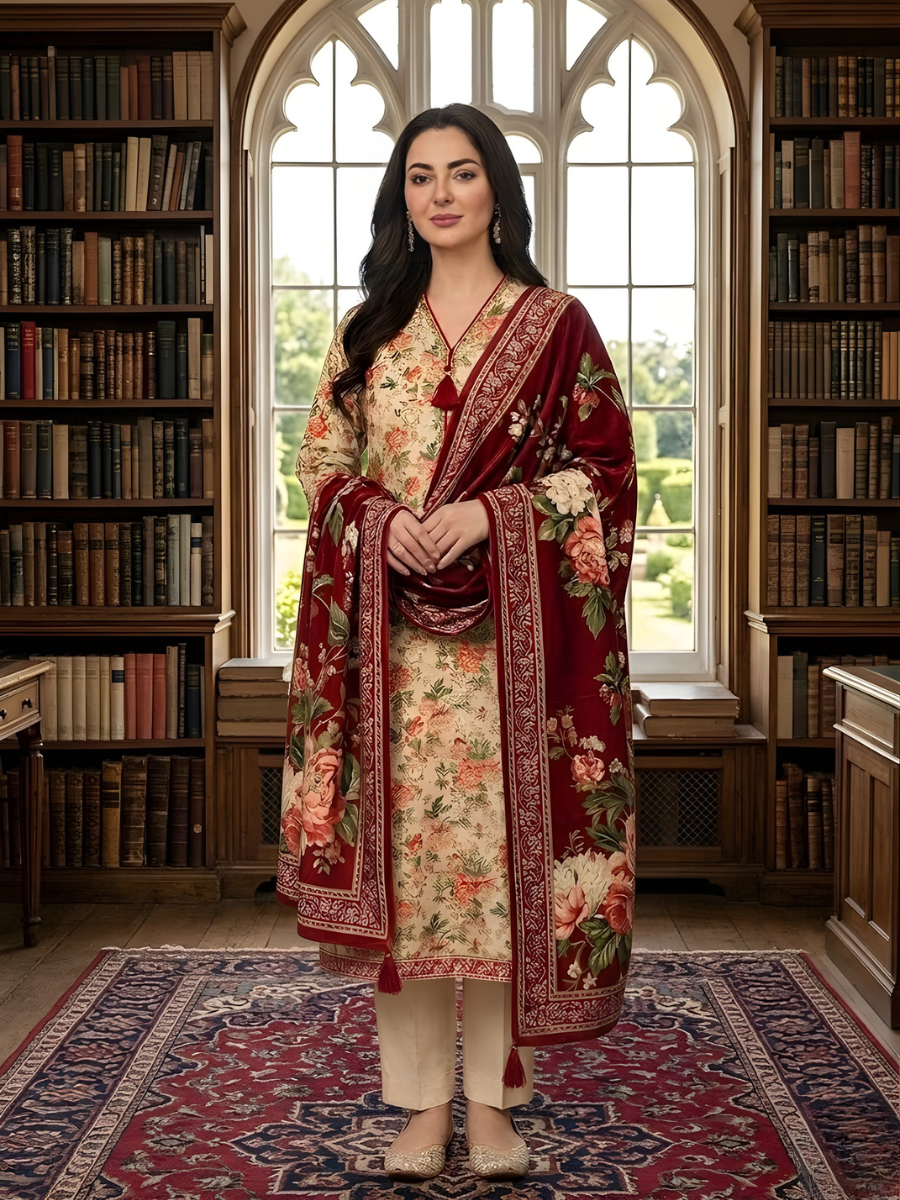 Printed Lawn with Embroidered Lacework