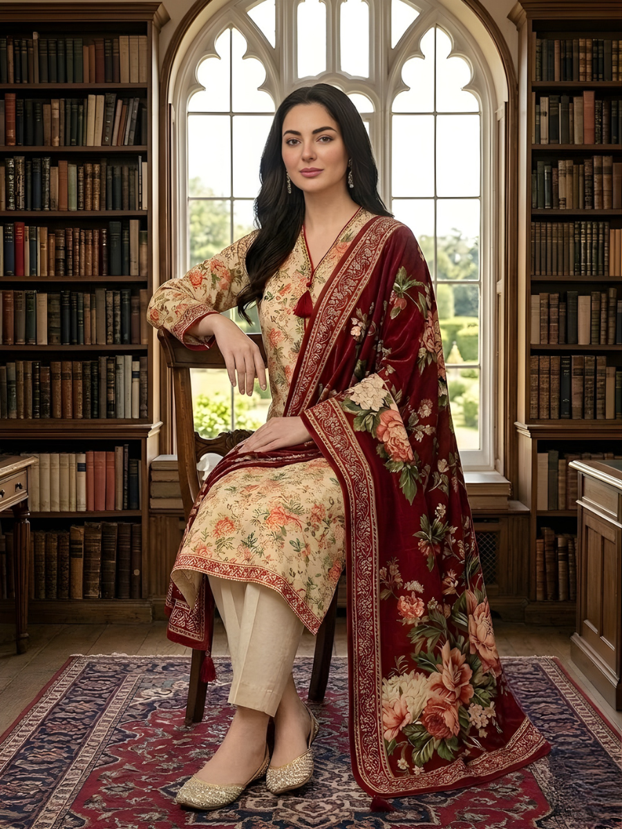 Printed Lawn with Embroidered Lacework