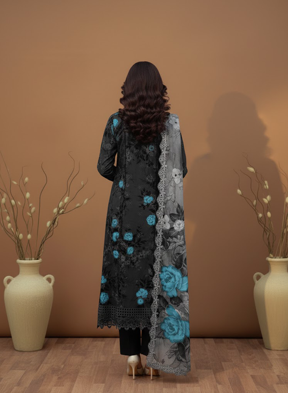 Charrcoal Azure Elegance Lawn 3PC