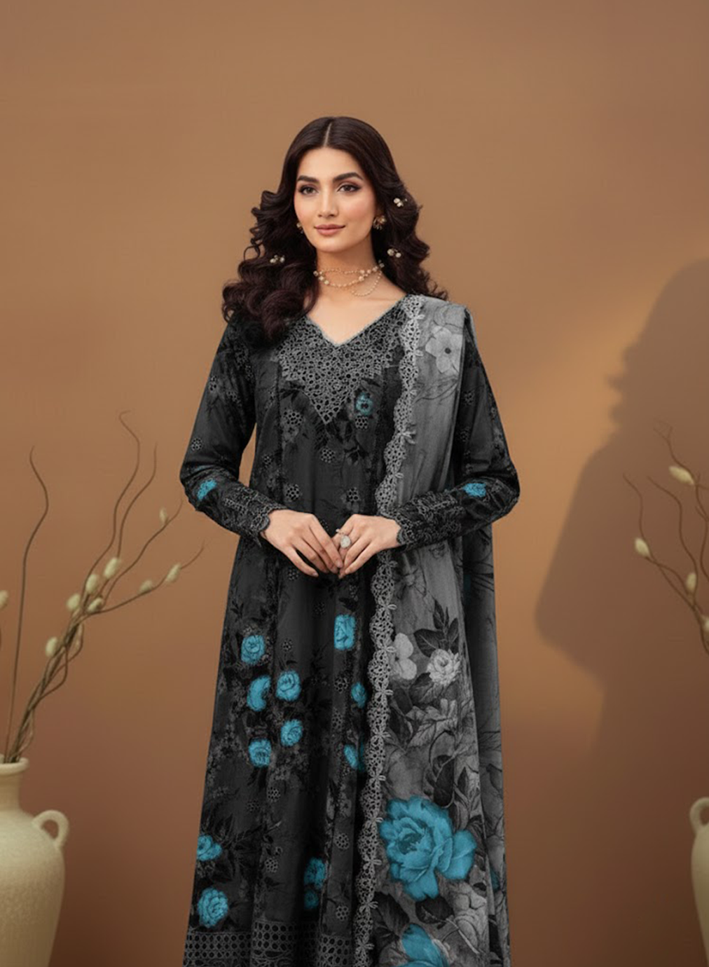 Charrcoal Azure Elegance Lawn 3PC