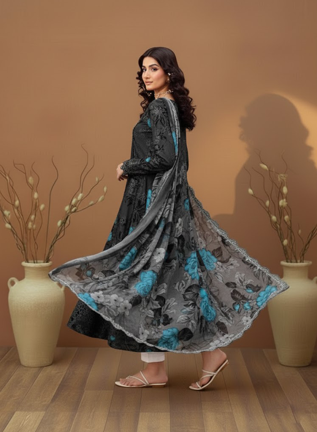 Charrcoal Azure Elegance Lawn 3PC