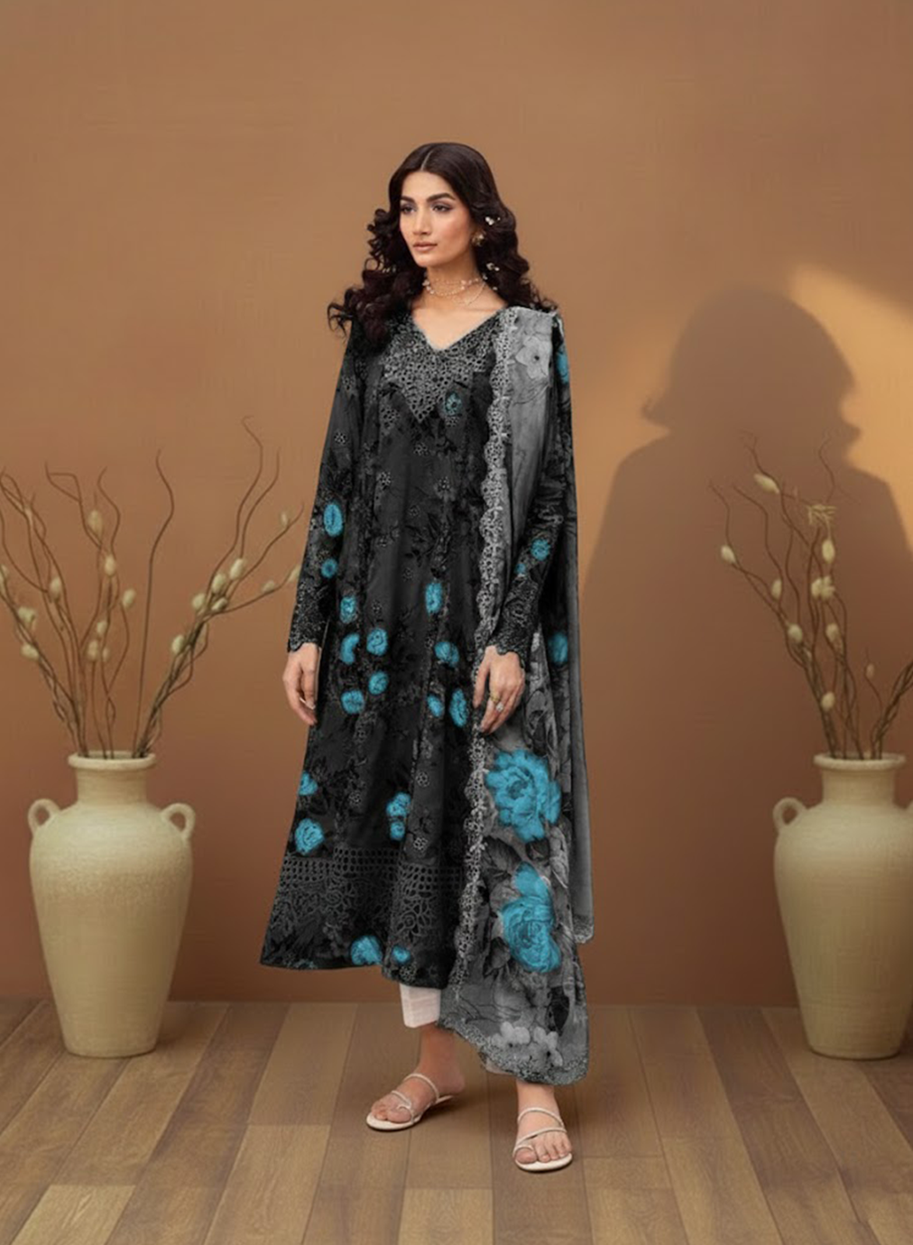 Charrcoal Azure Elegance Lawn 3PC