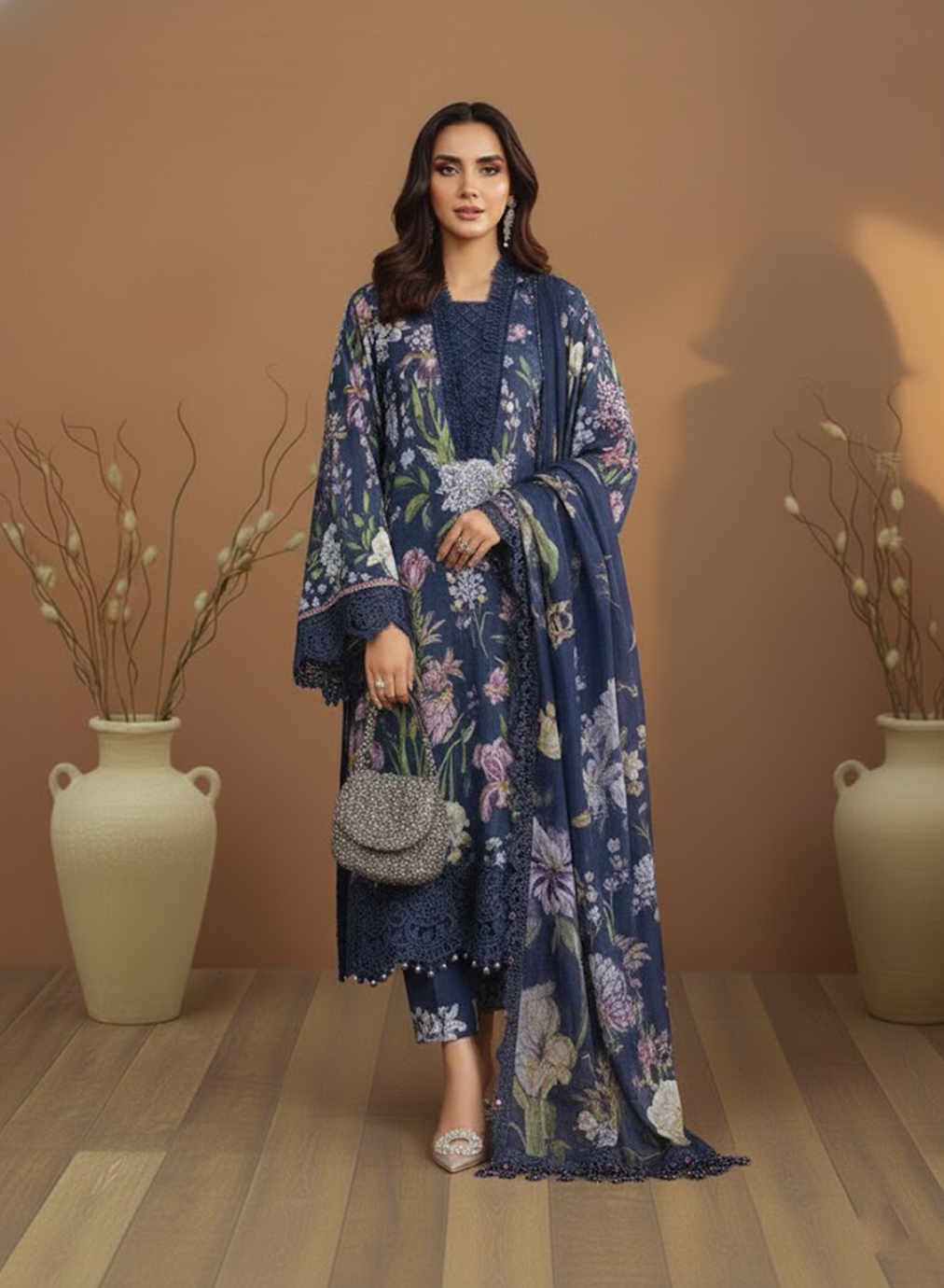 Navy Floral Grace Lawn 3PC