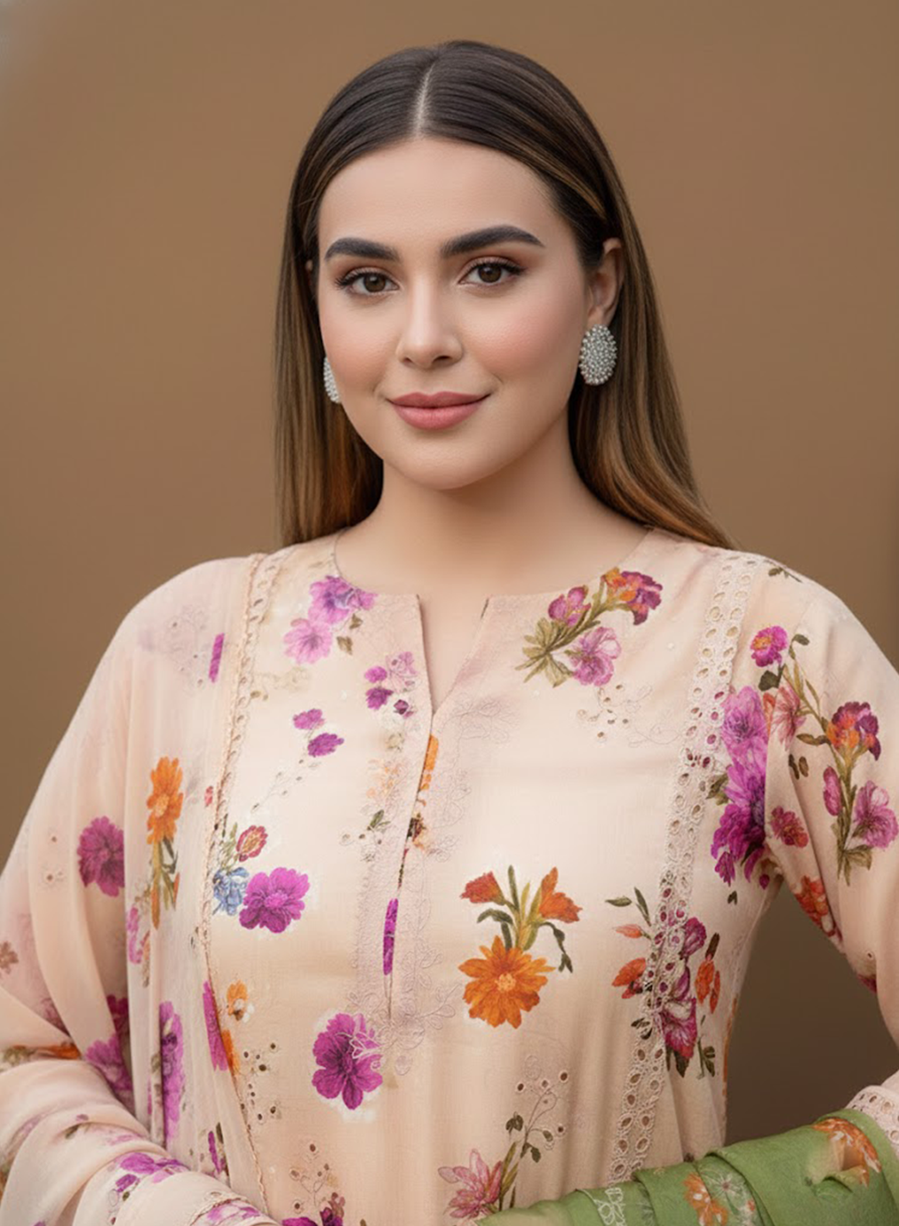 Floral Peach Ensemble Lawn 3PC