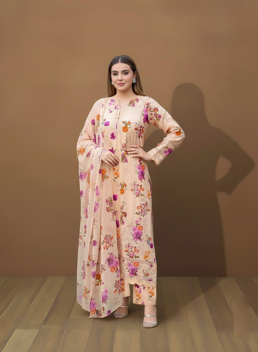 Floral Peach Ensemble Lawn 3PC
