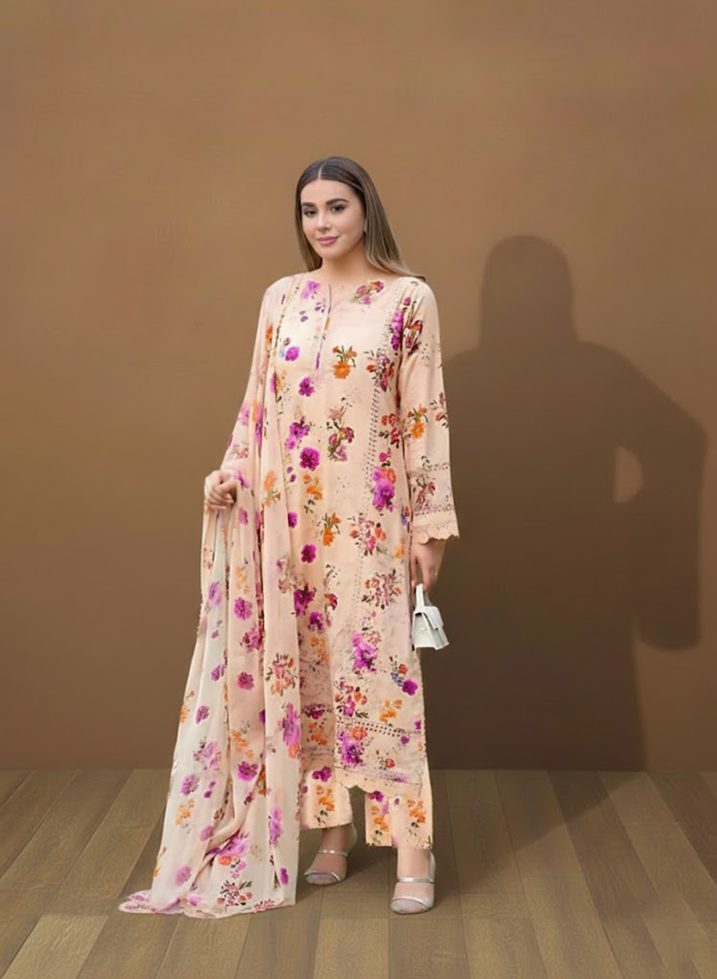 Floral Peach Ensemble Lawn 3PC